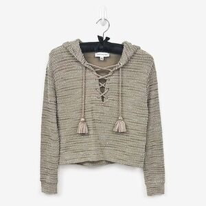 Something Navy Textured Lace Up Hoodie Size S Tan Cotton Blend